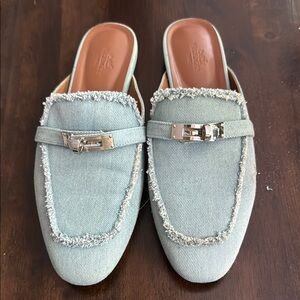 Frayed Denim Mules with Silver Bucklegorgeous denim mules